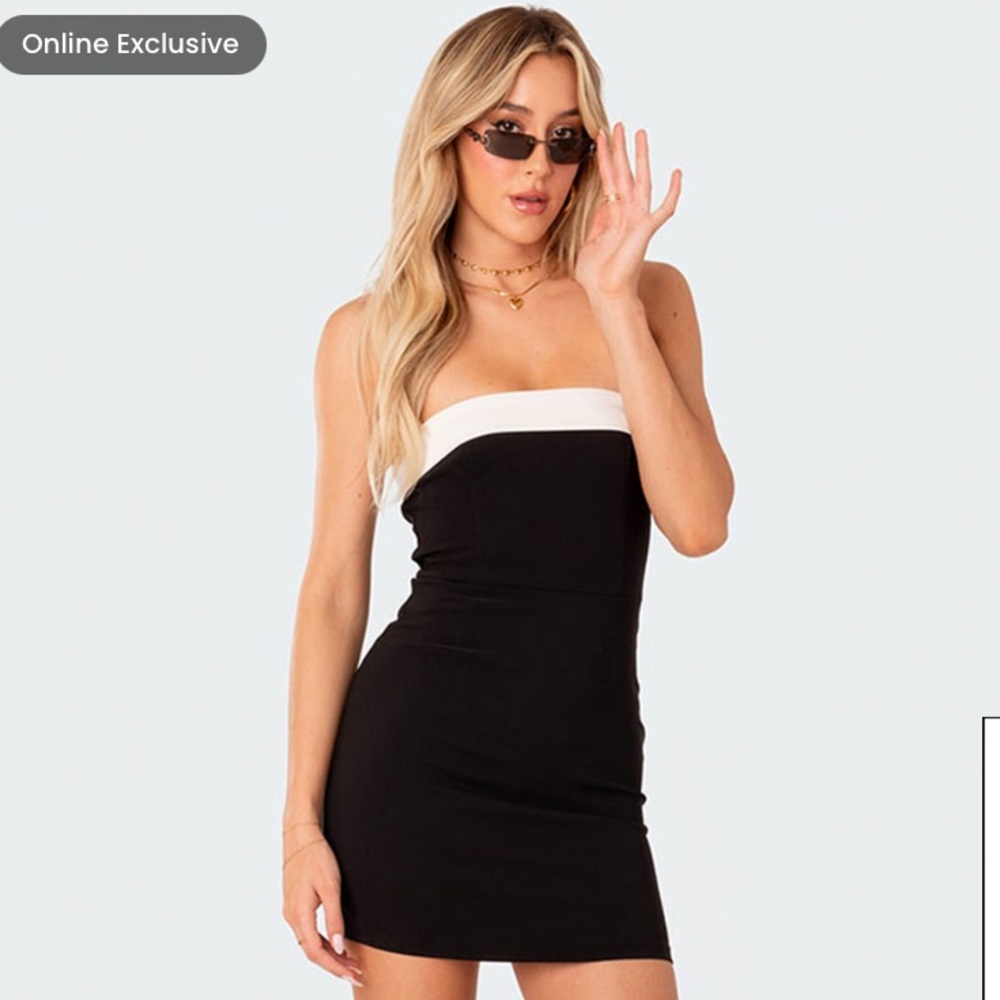 Edikted Black and White Strapless Sheath Dress